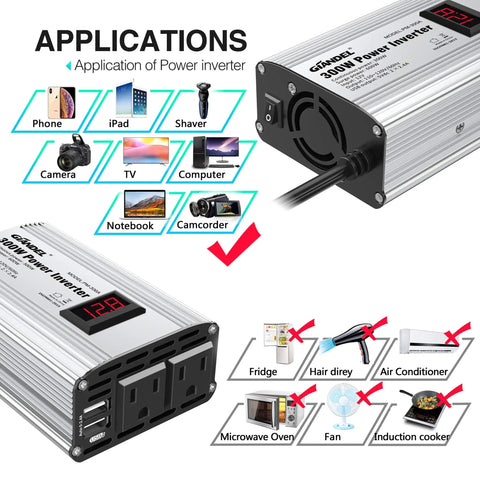 300W DC 12V To 110V Car Inverter With LED Display Dual USB Fast Charge Ports Up To 2.4A Each 2 AC Outlets for charging phones and tablets.