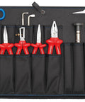 Electrician Tool Case 90-Piece Set With Pro Grade Hand Tools in black fabric roll, featuring pliers, scissors, and a hammer.