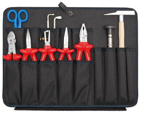 Electrician Tool Case 90-Piece Set With Pro Grade Hand Tools in black fabric roll, featuring pliers, scissors, and a hammer.