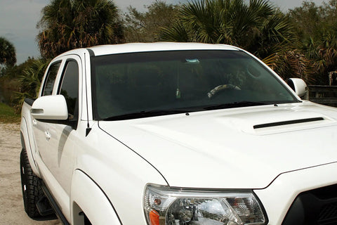 White pickup truck with black antenna, palm trees in background