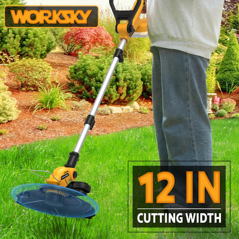 Man using 3-In-1 Cordless String Trimmer With Auto Line Feed, Foldable Weed Eater Edger And Mower, 12-Inch Electric Weed Wacker