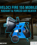 Heavy Duty 155000 BTU Portable Infrared Radiant Heater With Dual Heating Setup For Blazing Job Site Warmth That Kicks Serious Heat Through The Chillest Worksites, side view showing blue body and dolly wheels.