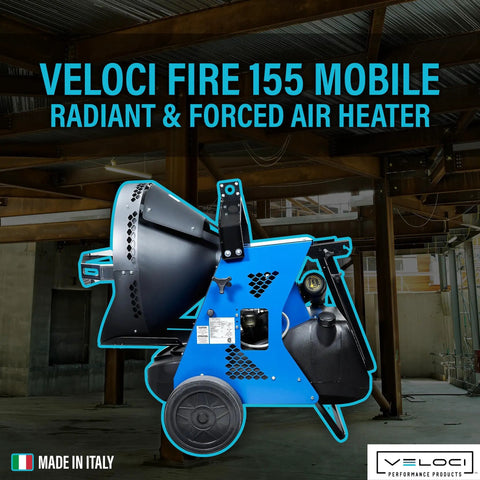 Heavy Duty 155000 BTU Portable Infrared Radiant Heater With Dual Heating Setup For Blazing Job Site Warmth That Kicks Serious Heat Through The Chillest Worksites, side view showing blue body and dolly wheels.