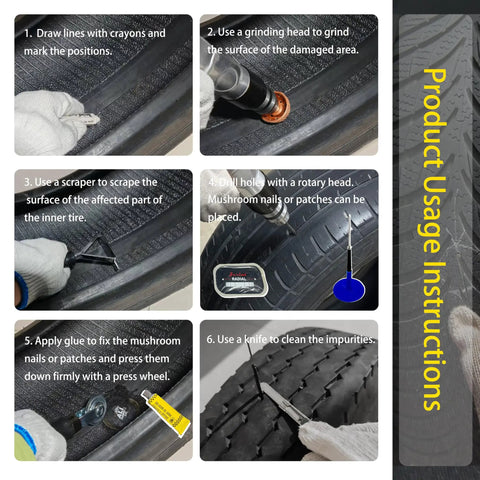 Instructions for using the Straight Shooter Tire Repair Patch Tool Kit for flat tire repairs with grinding and drilling steps.