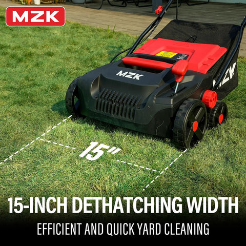 15-Inch 2-In-1 Electric Dethatcher and Scarifier with removable 5-position height on green lawn, red design, side view
