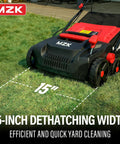Image of a Powerful 15 Inch 2 In 1 Electric Dethatcher And Scarifier with a measuring line showing 15-inch dethatching width on grass.