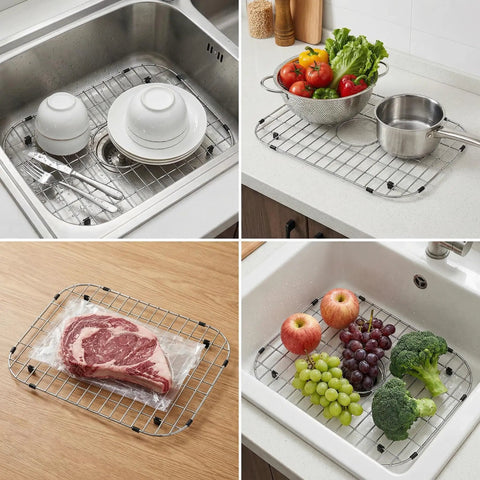 Stainless Steel Sink Grid And Bottom Grid Protector For Single Bowl Kitchens Pro Grade Protection Keeps Your Sink Safe From Scratches Nineteen One Sixteenth By Thirteen Three Quarters Inches Center Drain Hole Chrome Plated Finish Soft Bumpers used as drying rack and food wash.