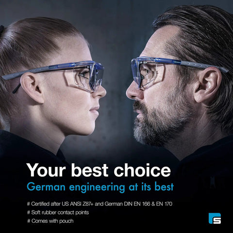 Two people wearing Protective Safety Glasses With Clear Lenses And Side Shields For Men And Women Anti Fog Anti Scratch Anti Glare Eyewear.