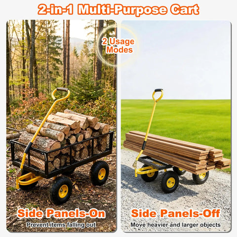 2-in-1 Rugged 500 Lb Capacity Heavy Duty Garden Cart With Steel Frame Adjustable Rotating Handle 10 In All Terrain Tires