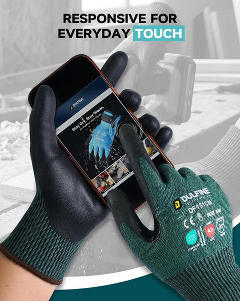 Person wearing ANSI A9 Cut Resistant Work Gloves For Men And Women, 2 Pairs, PU Coated Palms, using smartphone, green large.