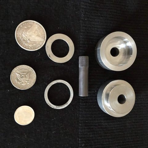 Coin Ring Puncher And Spacer Set With Four Gold Tone Punches, metal dies, and coins for jewelry making; self-centering tool.