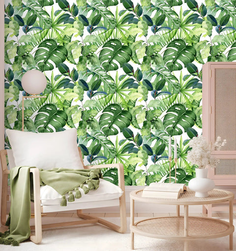Tropical Wallpaper Peel And Stick Palm Leaves Jungle Forest Removable Wall Decor 17.7 Inch By 118 Inch Easy Install Vinyl Interior