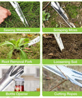 6 panel features of 5-In-1 Garden Weeder Trowel With Soft Grip Handle, Stainless Steel No-Fuss Tool for various garden tasks