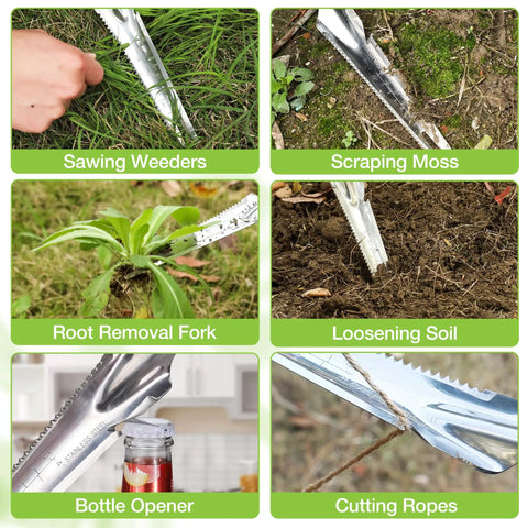 6 panel features of 5-In-1 Garden Weeder Trowel With Soft Grip Handle, Stainless Steel No-Fuss Tool for various garden tasks