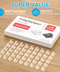 100 Pack Clear Cable Clips For Wires On Wall With Super Sticky Adhesive Easy Peel Cord Organizers on wooden surface