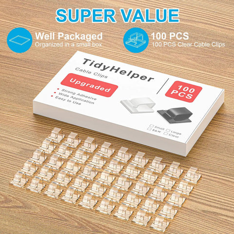 100 Pack Clear Cable Clips For Wires On Wall With Super Sticky Adhesive Easy Peel Cord Organizers on wooden surface