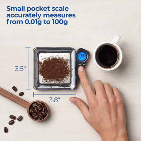 Pocket Digital Scale 100g x 0.01g High Precision Gram Scale With LCD Display measuring coffee grounds, showing size in inches.