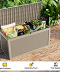 Waterproof Outdoor Storage Box With 320 Gallon Capacity UV Resistant Resin Deck Box Hydraulic Rod For Smooth Lift And Reinforced Stability Ideal For Patio Garden And Pool Gear In Grey, open with patio cushions and gardening tools visible.