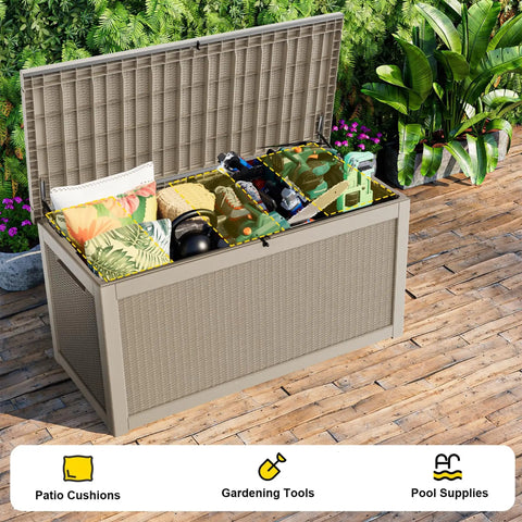 Waterproof Outdoor Storage Box With 320 Gallon Capacity UV Resistant Resin Deck Box Hydraulic Rod For Smooth Lift And Reinforced Stability Ideal For Patio Garden And Pool Gear In Grey, open with patio cushions and gardening tools visible.