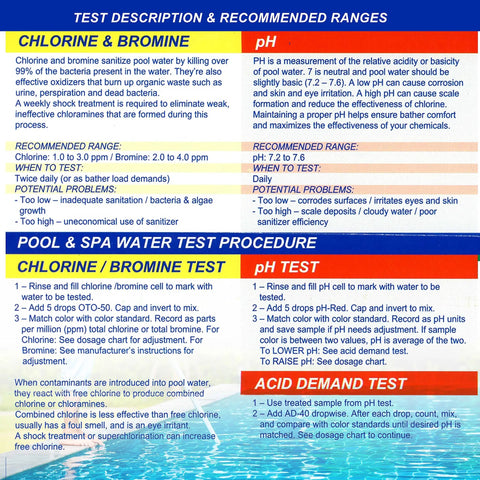 Professional Three Way Swimming Pool And Spa Water Test Kit For Liquid Drop Analysis Of Ph Chlorine And Bromine Levels instructional guide.