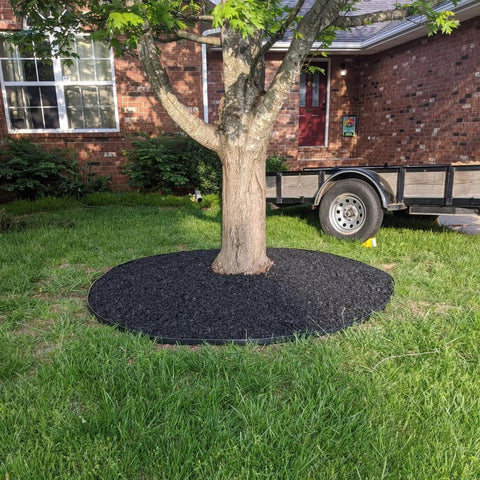 Tree surrounded by mulch and terrace board secured with 40 Pack Landscape Anchoring Stakes 10 Inch Garden Stakes for outdoor stability.
