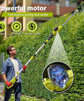 Man using 20V Cordless Pole Hedge Trimmer With 20 Inch Blades 9 Feet Reach Extension Pole For Shrubs Pruning Multi Angle Head