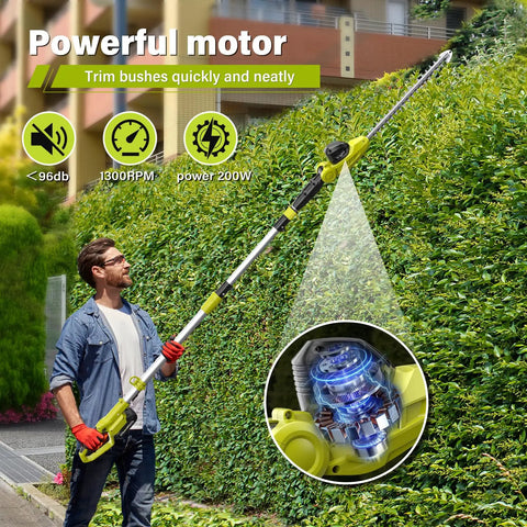 Man using 20V Cordless Pole Hedge Trimmer With 20 Inch Blades 9 Feet Reach Extension Pole For Shrubs Pruning Multi Angle Head