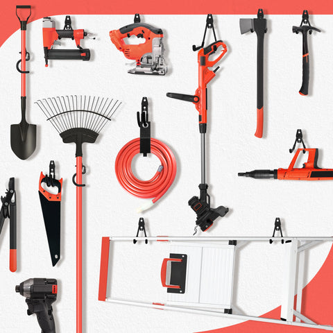 Badass Heavy Duty Garage Hooks With Non Slip Pvc Coating And Professional Grade Steel Build For Insane Weight Capacities And Stress Free Home Organization holding assorted tools on a wall.