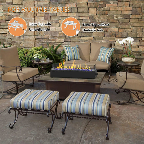 Outdoor patio set with 28 Inch Tabletop Propane Fire Pit With 40,000 BTU, Portable Rectangular Fire Bowl in black, seating arrangement.