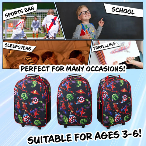 Spiderman Avengers kids carry-on luggage with superhero graphics, perfect for school, sports, sleepovers, and travel, suitable for ages 3-6.