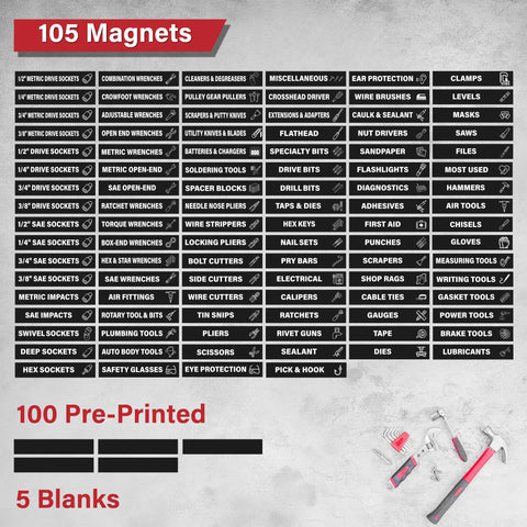 105 Piece Magnetic Tool Box Label Kit For The Garage with 100 pre-printed and 5 blank customizable labels shown in image