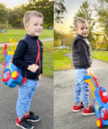 Child holding and pulling Toddler Golf Set with Upgraded Clubs and Shoulder Strap Carrier for indoor outdoor play.