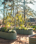 Olive Green 17 Inch Tall Nine In One Metal Raised Garden Bed Kit For Your Backyard Or Patio with vegetable and flower plants