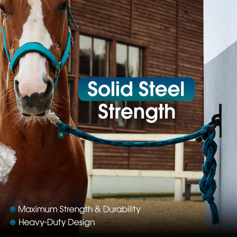 Heavy Duty Solid Steel Horse Tie Ring 2-3/8 Inch Cross Tie Ring For Horses attached to wall with horse in view