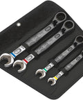 Joker Switch Ratcheting Combination Wrench Set Four Piece Angled Jaw Design with Locking Mechanism in carry pouch
