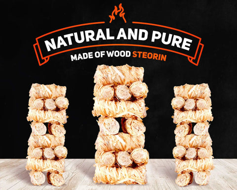 XXL 200 Count Waterproof Fire Starters stacked with natural wood wool, "Natural and Pure" text above.