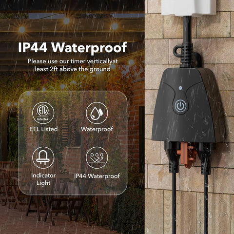 Dual Grounded Outlets Outdoor Smart WiFi Plug With Heavy Duty Timer, mounted on wall, IP44 waterproof, with rain exposure