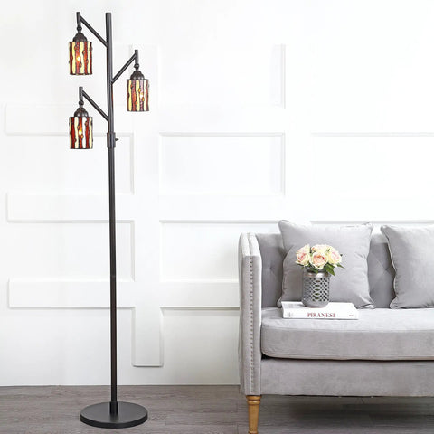 71 Inch Bronze Tiffany Style Floor Lamp With 3 LED Bulbs, Multicolor Stained Glass, Mission Iron Standing Lamp For Living Room
