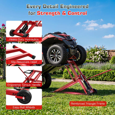 Betisef 500 Lb Hydraulic Mower Lift Jack For Lawn Tractor shown lifting an ATV with heavy-duty hydraulics and ergonomic torque handle.