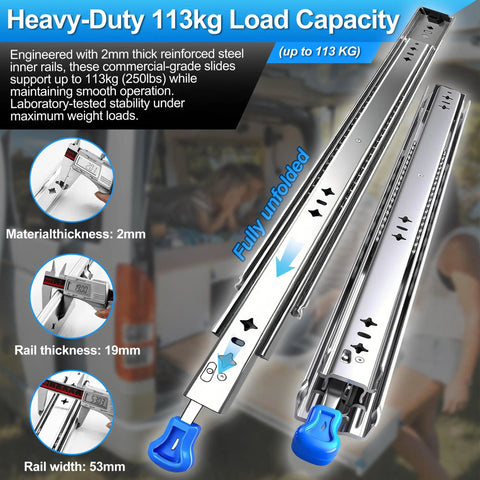 Heavy Duty 20 Inch Drawer Slides Full Extension Locking Ball Bearing Rails For Side Mount Cabinets 250 LB Load Capacity 53mm Width With Lock Built Tough Steel For Smooth Quiet Drawers