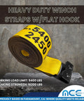 Beefy Yellow 4 Inch By 60 Foot Tie Down Straps Pack Of 2 Heavy Duty Winch Straps With Flat Hooks For Flat Bed Truck Farm And Utility Trailers Built To Handle 5400 Lb Working Load Limit And 16200 Lb Break Strength shown coiled with flat hook on stone surface, label visible