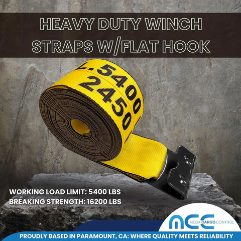 Beefy Yellow 4 Inch By 60 Foot Tie Down Straps Pack Of 2 Heavy Duty Winch Straps With Flat Hooks For Flat Bed Truck Farm And Utility Trailers Built To Handle 5400 Lb Working Load Limit And 16200 Lb Break Strength shown coiled with flat hook on stone surface, label visible