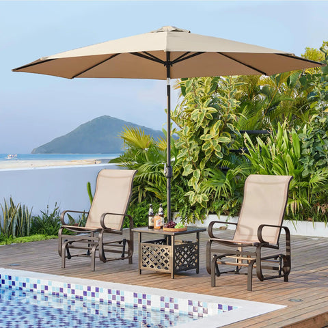 Outdoor Glider Chair Set Beige Sling Rocking Chairs With Steel Frame Weather Resistant Patio Gliders poolside on deck