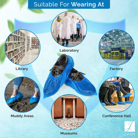 Six settings for Disposable No Slip Shoe Covers Indoors Blue CPE Waterproof One Size Fits Most 100 Pack 50 Pairs Premium Quality Lightweight Booties Shoes Guard Protection.