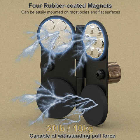 Close-up of Heavy Duty Magnetic Fence Mount For Action Cameras And Phones With Dual Quarter Inch Mount Points Built For Game Day Recording On Baseball And Tennis Fields Quick Setup For Mevo Start GoPro iPhone And Other Cameras showing four rubber-coated magnets.