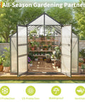 Front view of Walk-In Outdoor Greenhouse Kit With Built-To-Last Aluminum Frame And 4mm Twin-Wall Polycarbonate Panels, garden plants inside