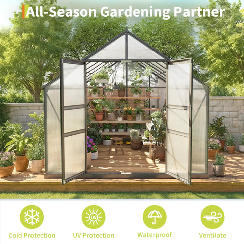 Front view of Walk-In Outdoor Greenhouse Kit With Built-To-Last Aluminum Frame And 4mm Twin-Wall Polycarbonate Panels, garden plants inside
