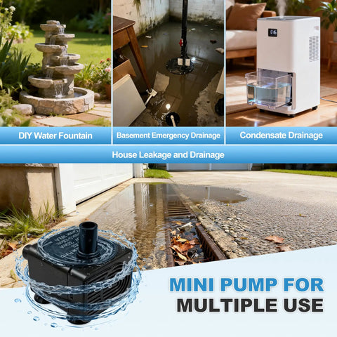 Smart Tiny But Mighty Mini Sump Pump With Water Sensor And Float Switch, shown for DIY fountains, drainage, HVAC use