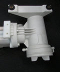 White Drain Pump Replacement For Washing Machines, OEM GE WH23X10028, Durable Easy-Install Part, front side view on dark background