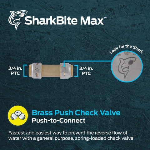 SharkBite Max 3/4 in brass push-to-connect check valve for plumbing, inline with dual end fittings